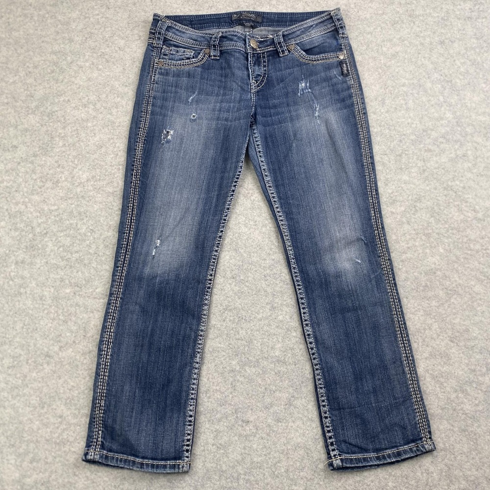 Silver Jeans Co Twisted Capri Jeans Womens W28 (31x25) Blue Low Rise Distressed